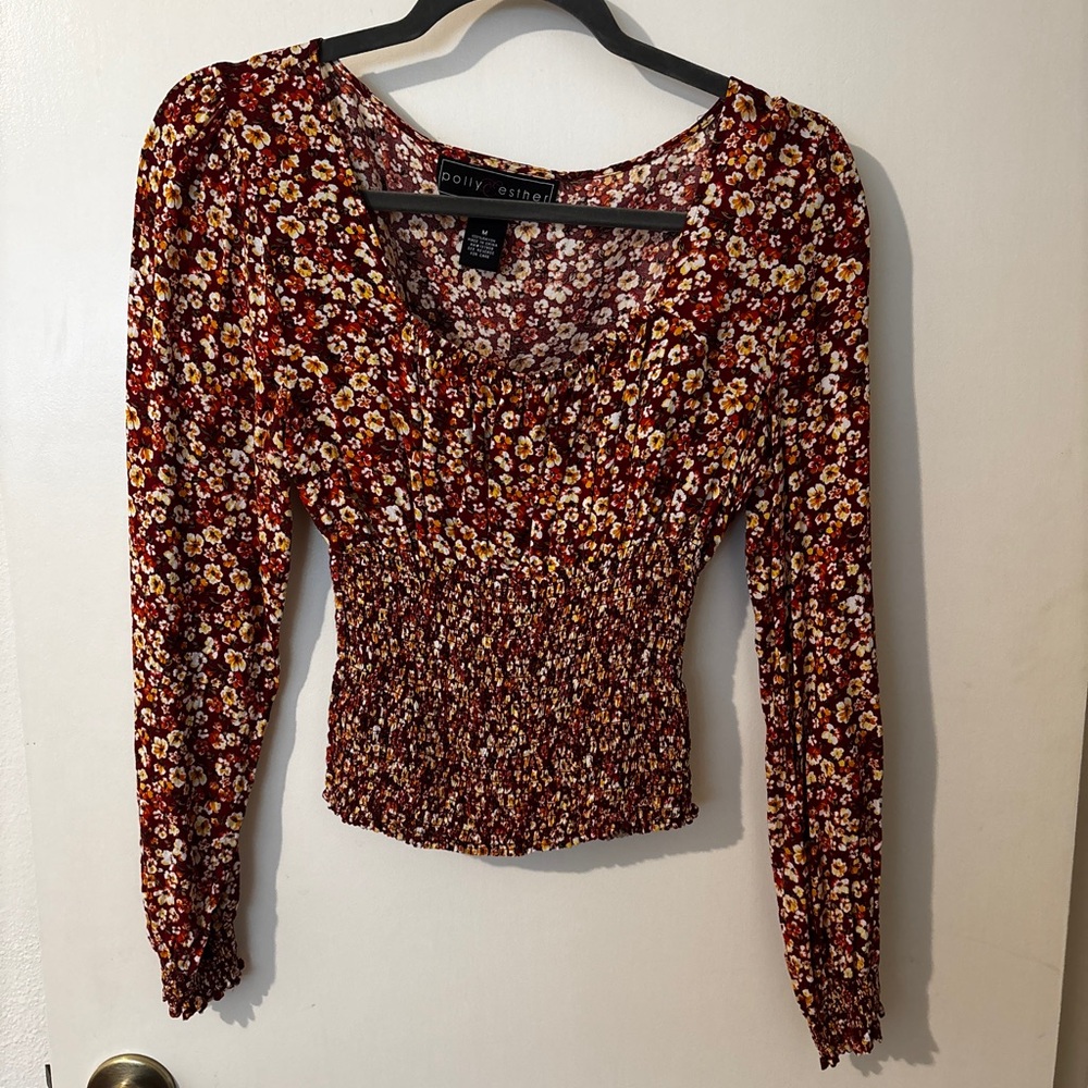 Polly & Esther Red Floral Smocked Blouse